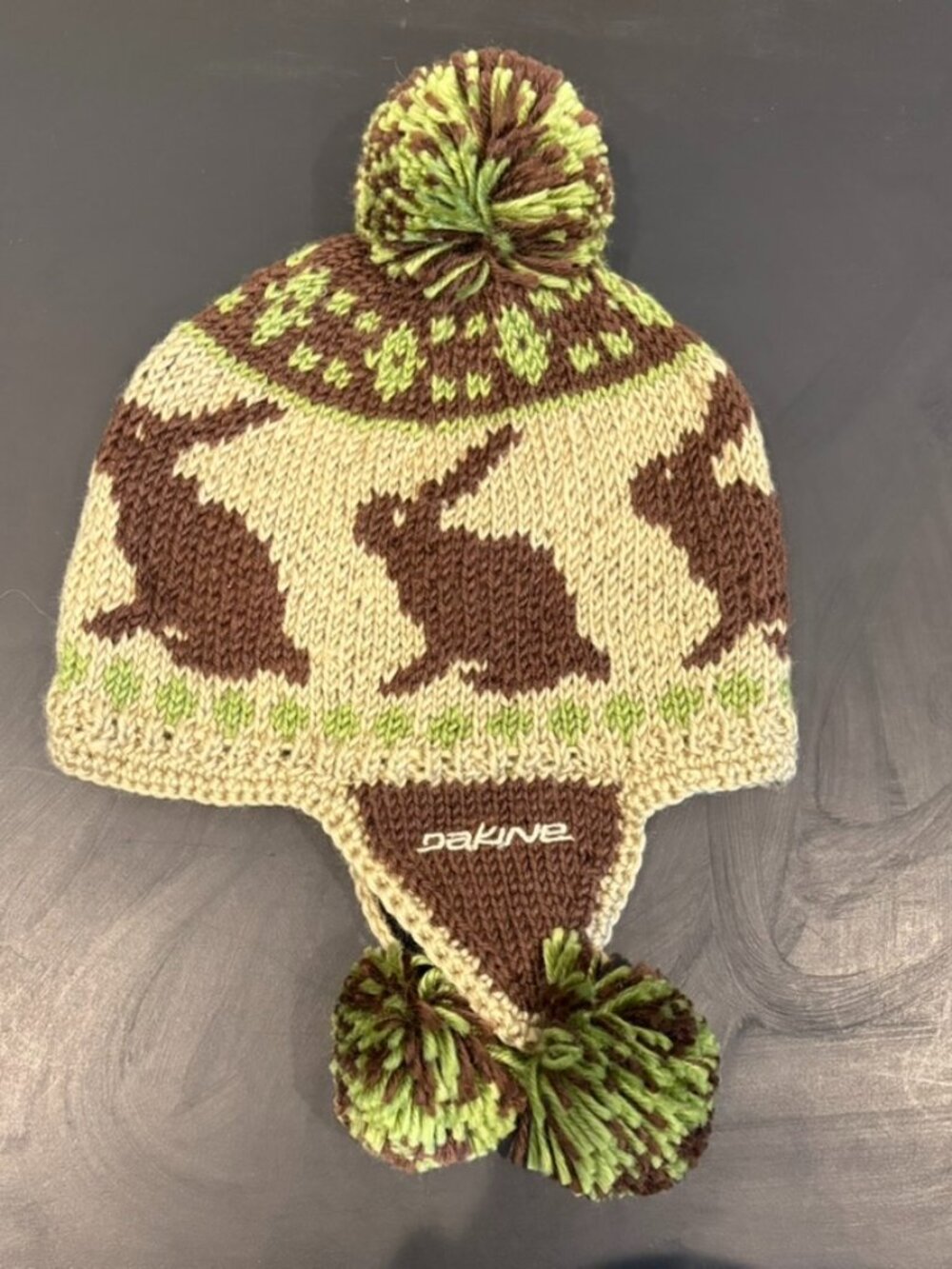 Dakine Knit Bunny Earflap Beanie Hat Fleece Lined Rabbit Brown Green Cream OS